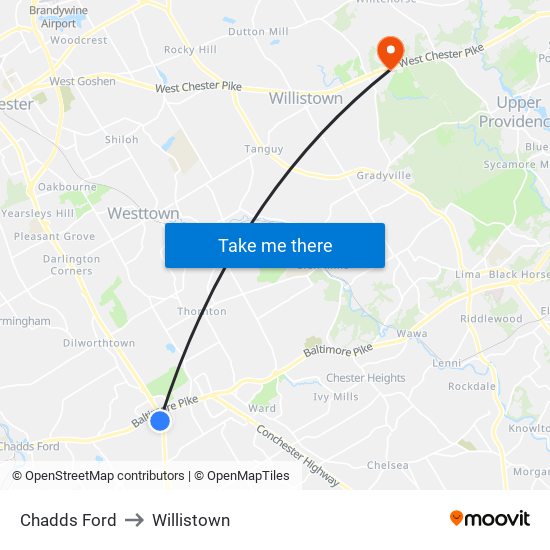 Chadds Ford to Willistown map