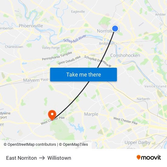 East Norriton to Willistown map