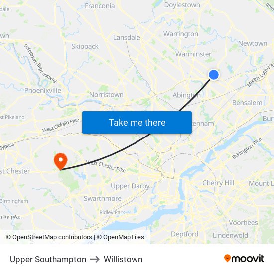 Upper Southampton to Willistown map
