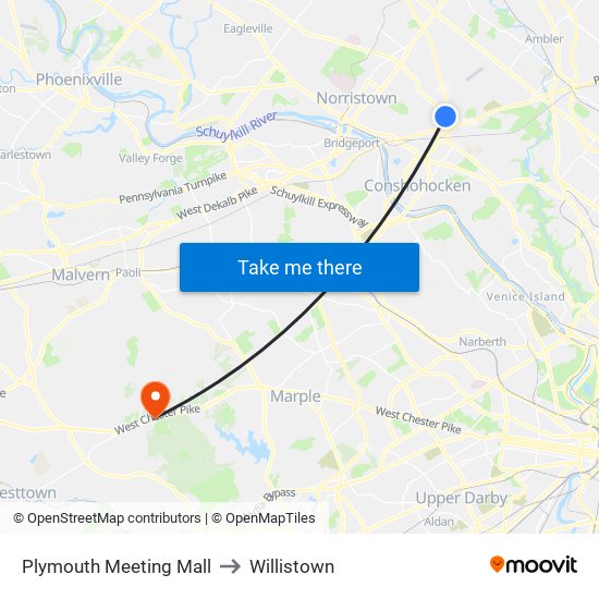 Plymouth Meeting Mall to Willistown map