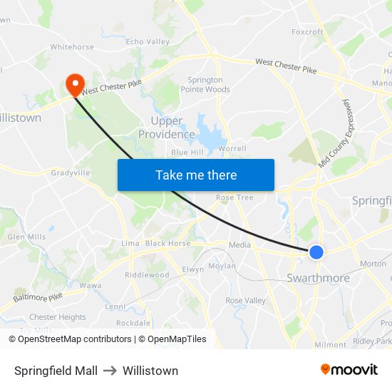 Springfield Mall to Willistown map