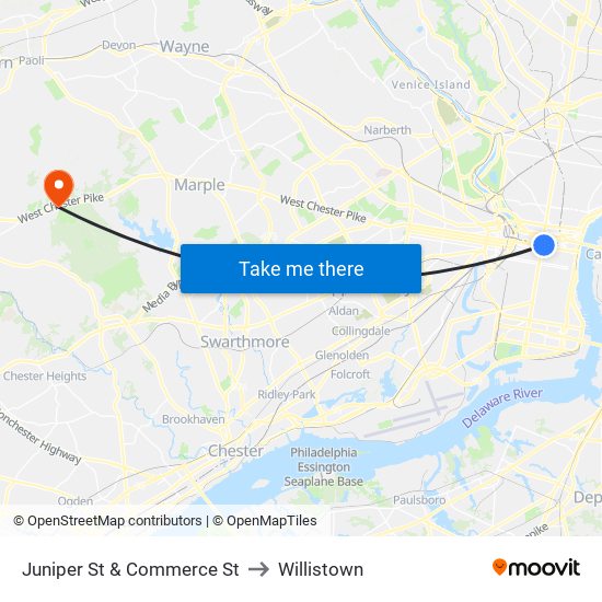 Juniper St & Commerce St to Willistown map