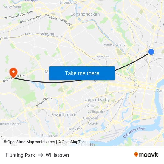 Hunting Park to Willistown map