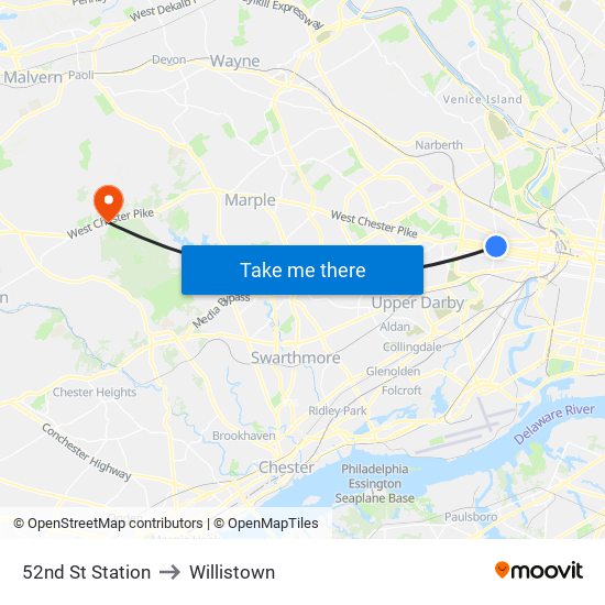 52nd St Station to Willistown map