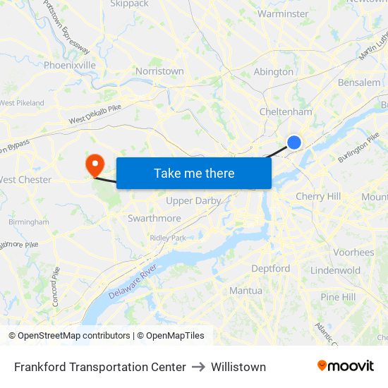 Frankford Transportation Center to Willistown map