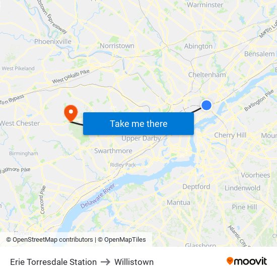 Erie Torresdale Station to Willistown map