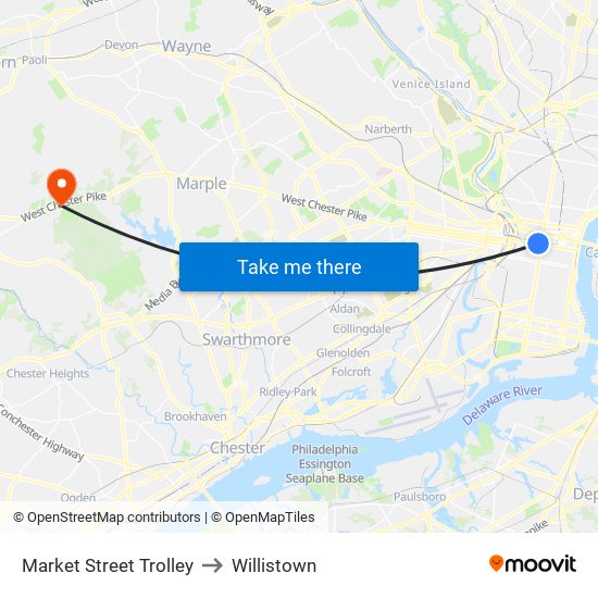 Market Street Trolley to Willistown map