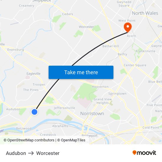 Audubon to Worcester map