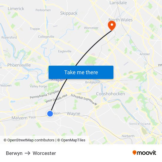 Berwyn to Worcester map