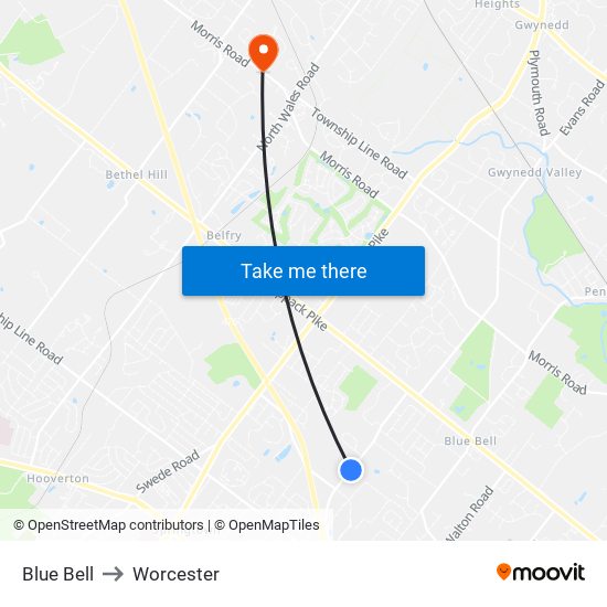 Blue Bell to Worcester map