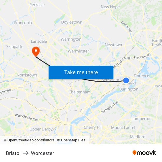 Bristol to Worcester map
