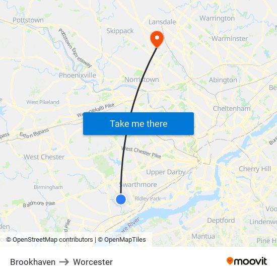 Brookhaven to Worcester map