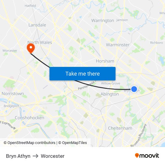 Bryn Athyn to Worcester map