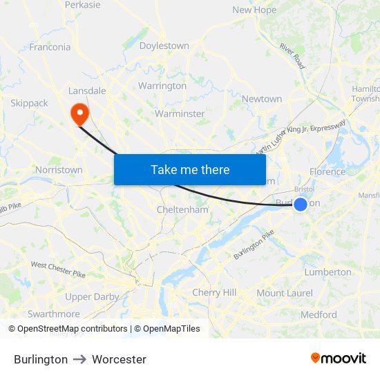 Burlington to Worcester map