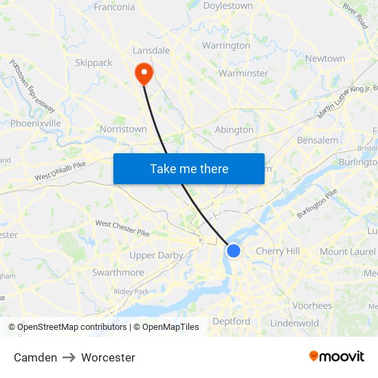 Camden to Worcester map