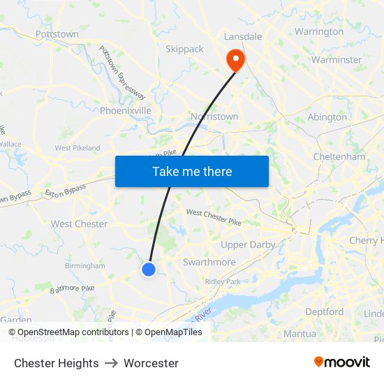 Chester Heights to Worcester map