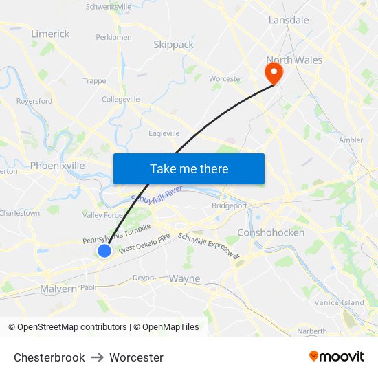 Chesterbrook to Worcester map