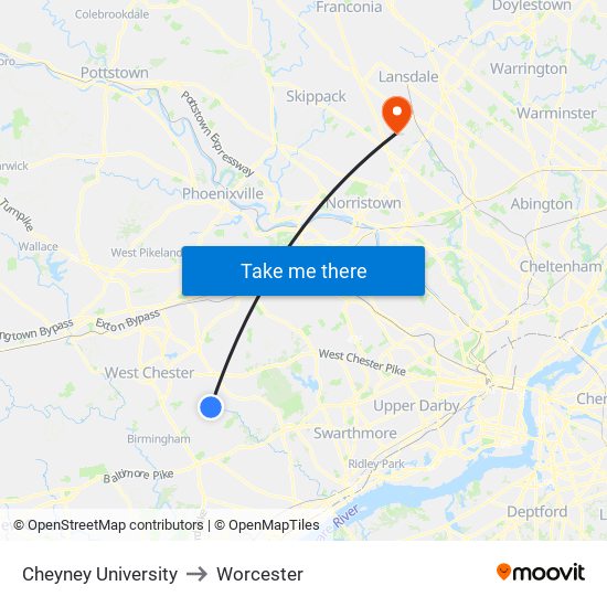 Cheyney University to Worcester map