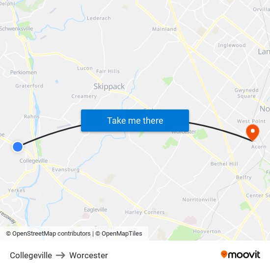 Collegeville to Worcester map