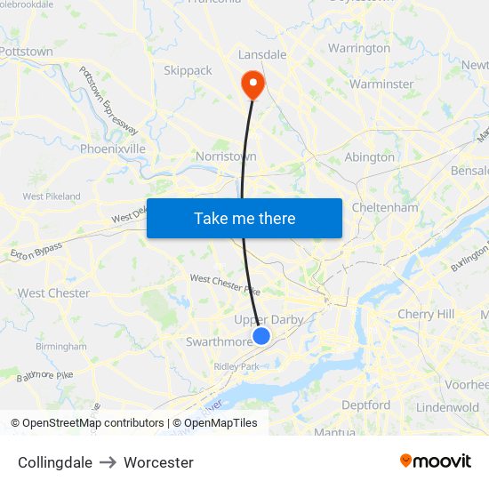 Collingdale to Worcester map