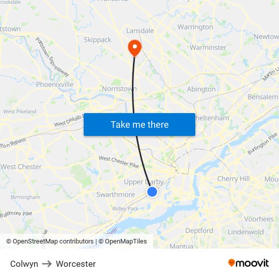 Colwyn to Worcester map