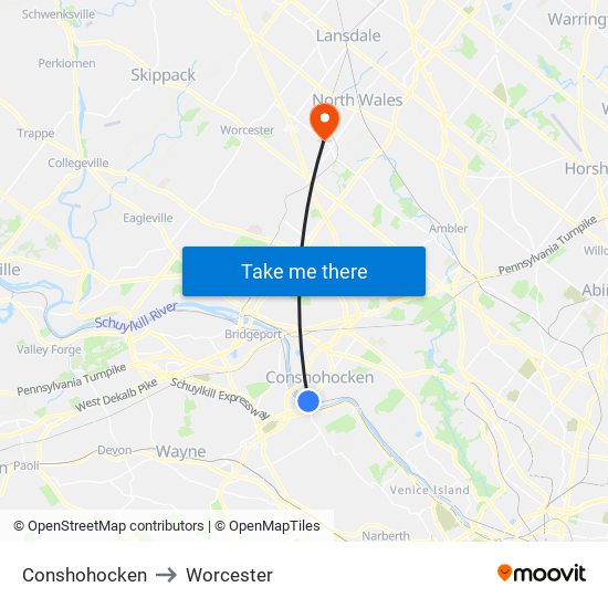 Conshohocken to Worcester map