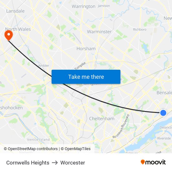 Cornwells Heights to Worcester map