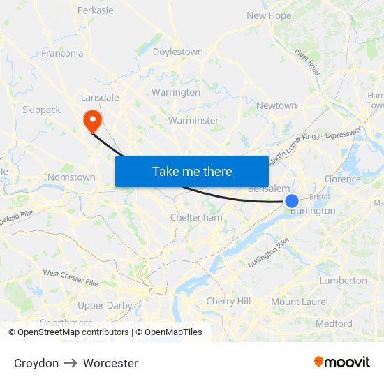 Croydon to Worcester map