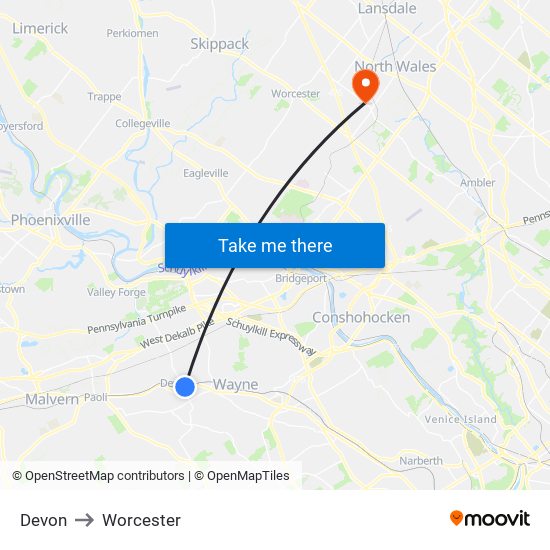 Devon to Worcester map