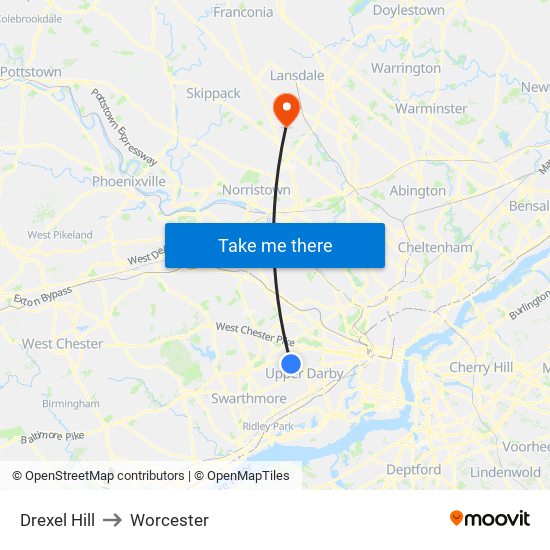 Drexel Hill to Worcester map