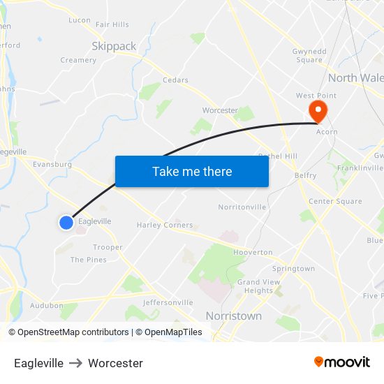 Eagleville to Worcester map