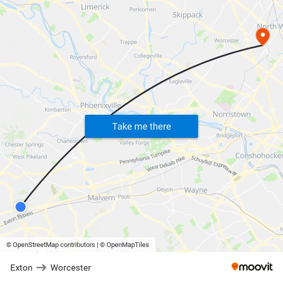 Exton to Worcester map