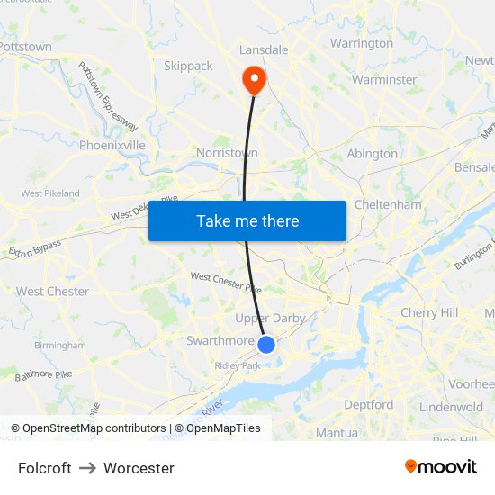 Folcroft to Worcester map