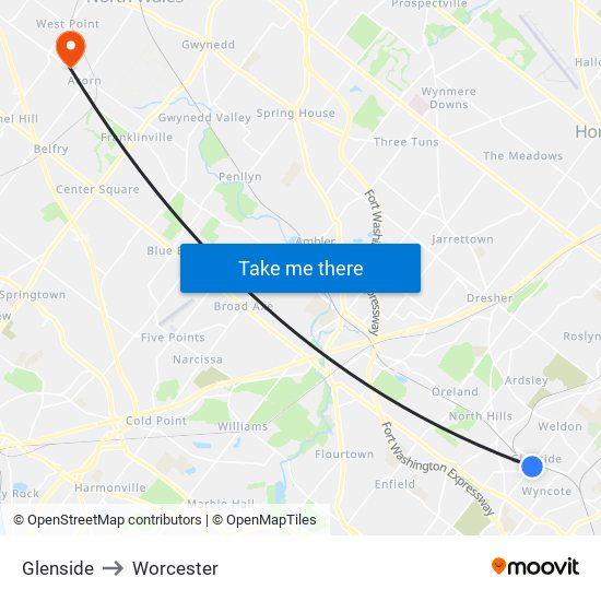 Glenside to Worcester map