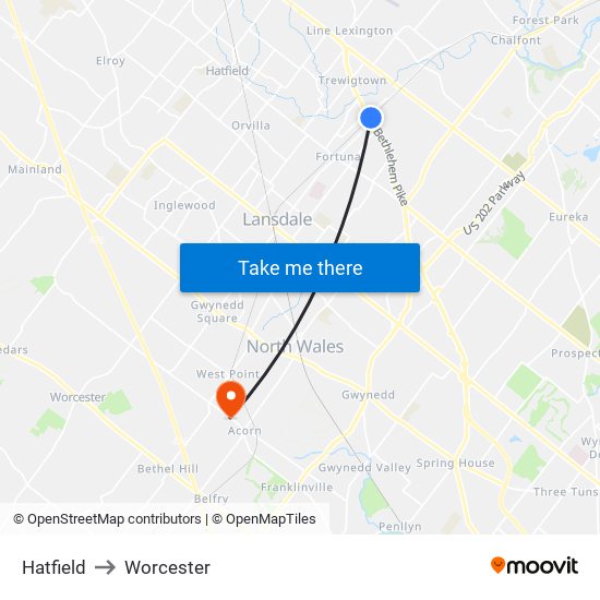 Hatfield to Worcester map