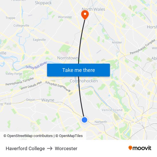 Haverford College to Worcester map