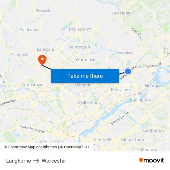 Langhorne to Worcester map