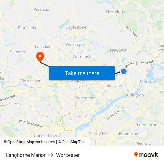 Langhorne Manor to Worcester map