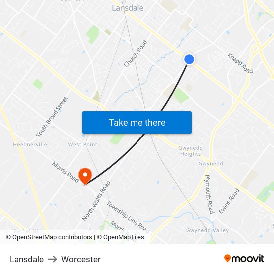 Lansdale to Worcester map