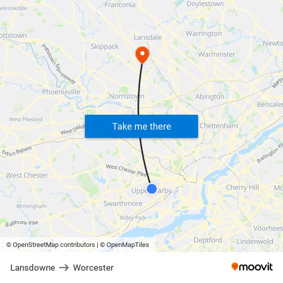 Lansdowne to Worcester map