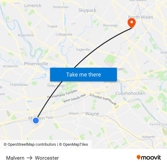 Malvern to Worcester map