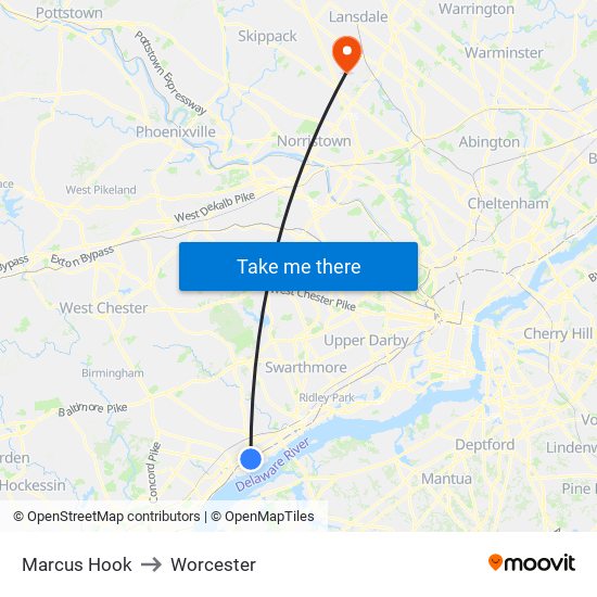 Marcus Hook to Worcester map