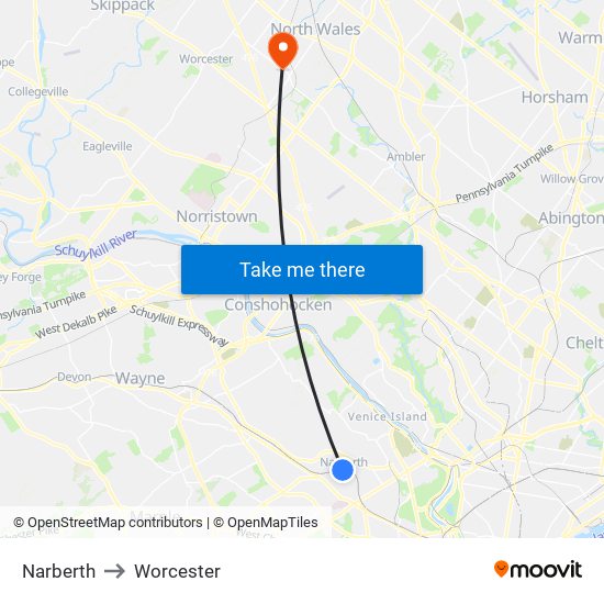 Narberth to Worcester map