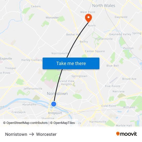 Norristown to Worcester map