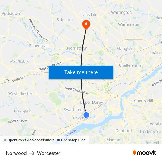 Norwood to Worcester map