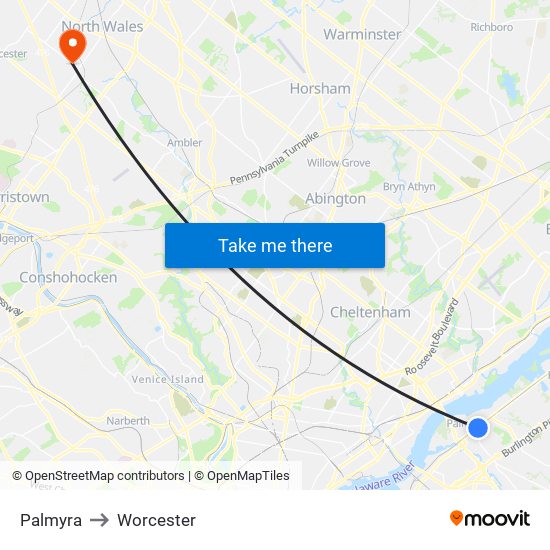 Palmyra to Worcester map