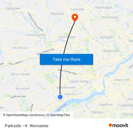 Parkside to Worcester map