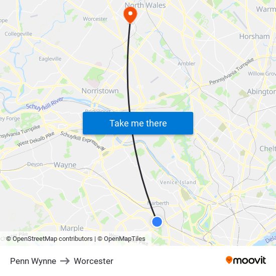 Penn Wynne to Worcester map