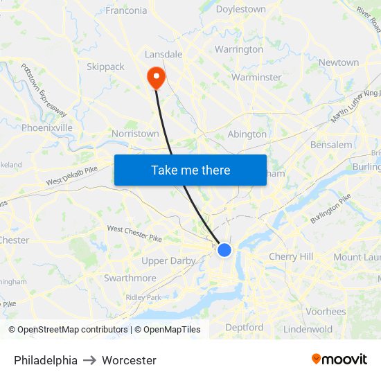 Philadelphia to Worcester map