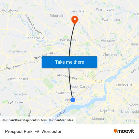 Prospect Park to Worcester map